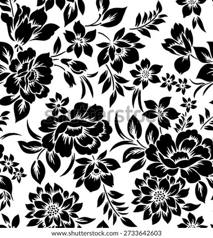 Seamless bold monochromatic floral pattern featuring large black flower blooms and delicate leaf vines on a crisp white background; a high-contrast botanical design ideal for modern textiles and sophisticated wallpaper.