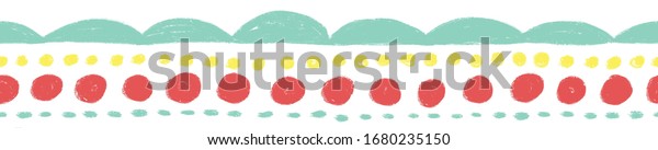 Seamless border abstract doodle shapes. Repeating\
childish pattern with wonky lines, dots, arcs in teal red yellow.\
Abstract border for kids decor, card, birthday invite, children\
decor, footer