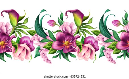 Seamless Border, Botanical Illustration, Beautiful Tropical Flowers, Floral Clip Art, Isolated On White Background