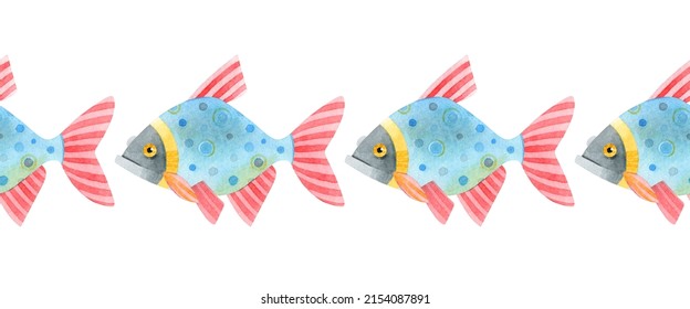 Seamless border of cartoon colored carp. Cute funny fish-carp, crucian carp. Hand-drawn watercolor illustrations isolated on a white background. Design for adhesive tape, cards, invitations, banners.