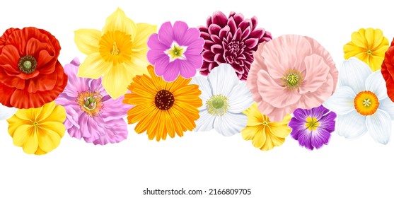 seamless border with drawing flowers at white background , hand drawn botanical illustration - Shutterstock ID 2166809705