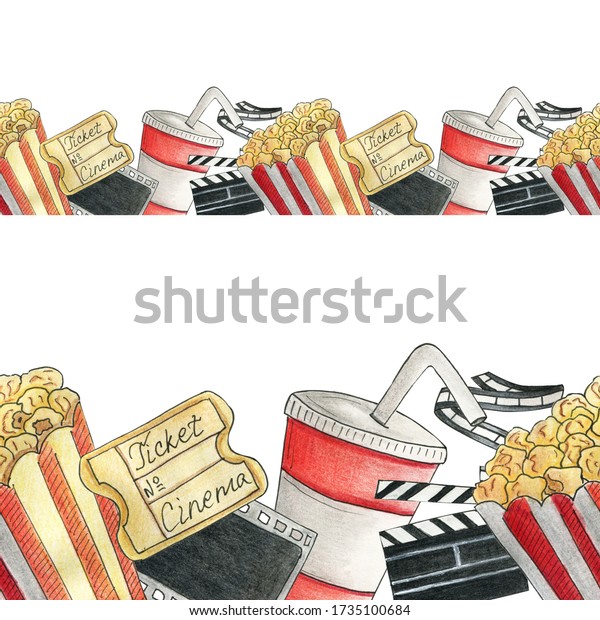Seamless border with equipment and food for open\
air cinema. Concept of movie and cartoon watching. Watercolor hand\
drawn illustration in realistic style. Popcorn, soda drink, ticket,\
film, clapper