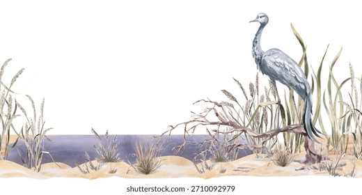 A seamless border featuring a common crane by a pond. Isolated watercolor illustration for home textiles, eco-friendly projects, fabric printing, and interior design