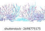 A seamless border featuring underwater elements corals, seaweed, starfish, and shells. Watercolor illustration. Hand drawn isolated art. Horizontal frame for children