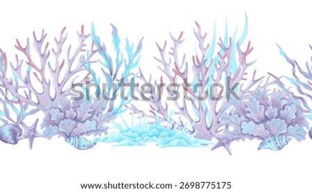 A seamless border featuring underwater elements corals, seaweed, starfish, and shells. Watercolor illustration. Hand drawn isolated art. Horizontal frame for children's design, travel and packaging.