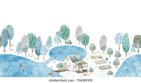 Seamless Border Of A Fisherman's House And Garden.Landscape Of A Forest, Lake, Road And Lake.Watercolor Hand Drawn Illustration.White Background.