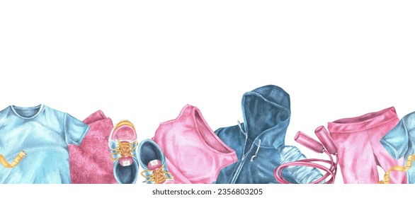 Seamless border of Fitness exercise equipment. Watercolor illustration of Sports clothes and shoes. Rectangular banner for gym. Hand drawn isolated background. Business card template with copy space - Powered by Shutterstock