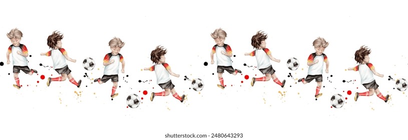 Seamless border with football player young sportsman hand drawn with watercolor ball. Boys play football in uniform. Isolated illustration of a boy playing soccer game. - Powered by Shutterstock