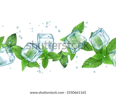 Seamless border frame with ice cubes and mint