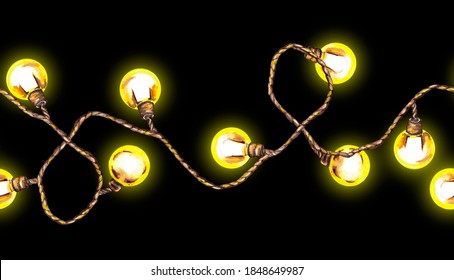 Seamless Border Of Glowing String Yellow Lights. Christmas Cozy Overwinding Garland In Vintage Rustic Style. Watercolor Hand Painted Isolated Elements On Black Background.