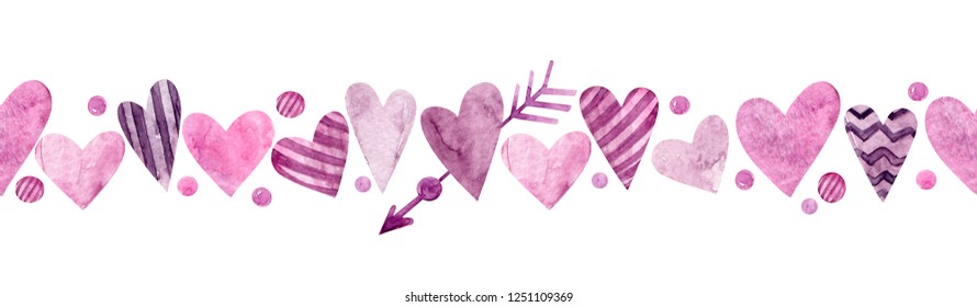 Seamless border with hearts. Watercolor illustration for Valentine's day. 