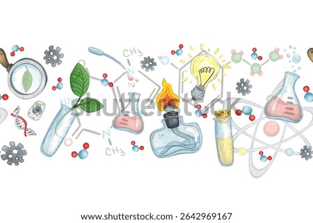 Seamless border of laboratory glassware, formulas, molecules. Laboratory, science, school. Watercolor illustration hand drawn, cartoon. Drawing for infographics, science festival, cards, invitations