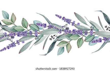 Seamless Border From Lavender And Eucalyptus Watercolor Illustration. Natural Organic Herbs Mixed In Elegant Ornament. Hand Drawn Eucalyptus Branch With Lavender Flowers In Elegant Seamless Border.