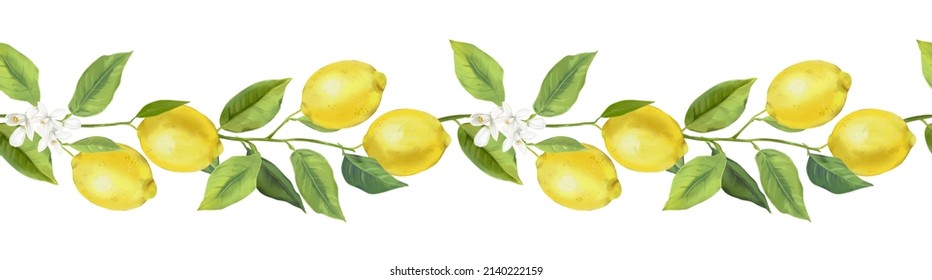 Seamless Border With Lemon Fruits, Citrus Flowers, And Branches. Hand Drawn Watercolor Images