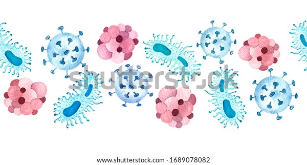 シームレスな境界 微生物 水彩画 多彩色の水色微生物 現在の話題 科学と医学 のイラスト素材