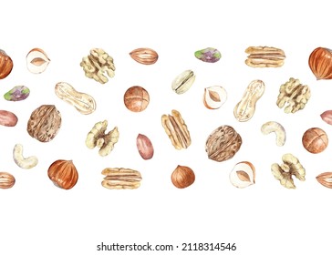 Seamless border of nuts. Raw pecan, walnut, almond, pistachio, peanut, macadamia, hazelnut and cashew. Hand drawn watercolor illustration of organic food for packaging, label, card.