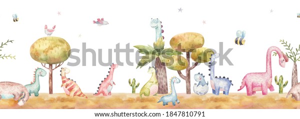 seamless border pattern with dinosaurs in nature, trees, cacti, children's watercolor illustration for wallpaper mural.