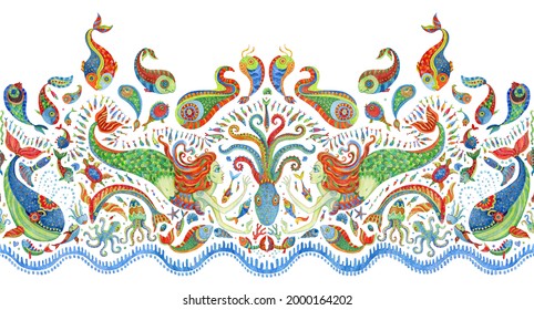 Seamless border pattern of hand painted fairy tale sea animals and mermaid. Watercolor fantasy fish, octopus, coral, sea shells, bubbles on a white background. Batik fringe, textile print