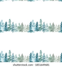 Seamless border pattern of pine trees. Christmas winter forest on a white background