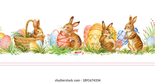 Seamless border with spring easter concept. Watercolor border with cute rabbits and easter eggs isolated on white background. For decor, print, wallpaper, tissue, scrapbooking, packaging paper