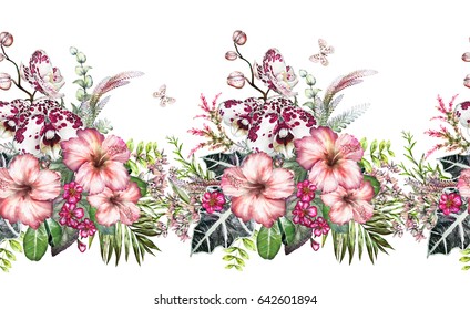 Seamless  Border With Tropical Plants - Flowers, Leaves. Exotic Watercolor Floral Pattern With Orchid, Hibiscus, Herbs, Butterfly. Seamless Floral Rim, Band For Cards, Invitation Or Fabric. 
