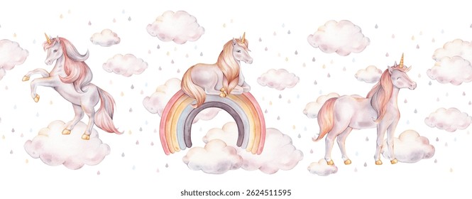 Frontera perfecta con unicornios y nubes. Ilustraciones dibujadas a mano del fondo para el Fondo de pantalla del vivero, los textiles del bebé o el papel de los niños. Pony de patrón de fantasía pastel con arco iris y gotas de lluvia.