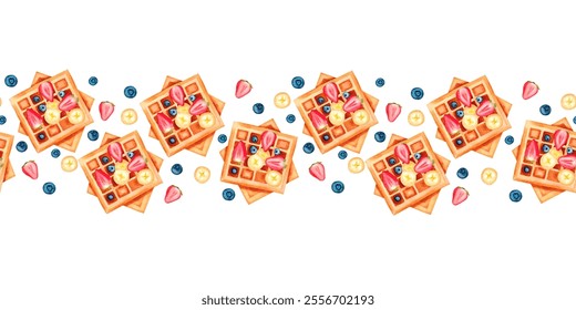 Seamless border of waffles with banana, strawberries, blueberries. Watercolor hand drawn fluffy waffle - Powered by Shutterstock