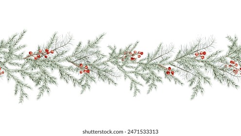 Seamless border Watercolor Christmas tree branches and red berry of ilex. Hand painted illustration on isolated background. Banner garland of fir tree branches for christmas and new year.