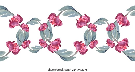 Seamless border watercolor circle frame border template for design. Abstract flower red tulip and leaves on white background. Like chain. Hand-drawn summer spring plant. Art for wedding invitation. - Powered by Shutterstock