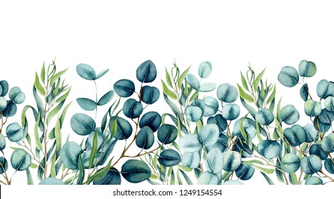 Seamless Border Of Watercolor Eucalyptus Leaves In Pastel Colors Isolated On White Background