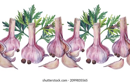 Seamless Border Watercolor Peeled Garlic Black Peppercorn And Greenery Dill Isolated On White Background. Hand-drawn Clove Spicy Condiment Seasoning Vegetable For Cookbook Menu. Art Flavored Food.