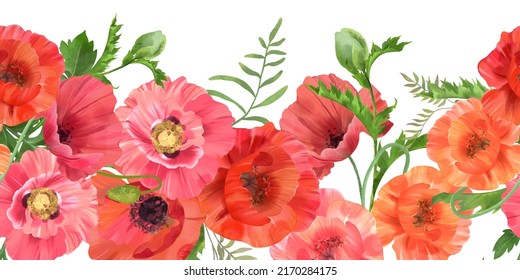 Seamless border with watercolor poppies
