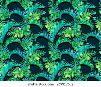 Seamless Botanic Foliage Pattern. Large And Colorful Palm Leave, Vertical Half Drop Composition. For Interior, Wallcoverings, Fashion.