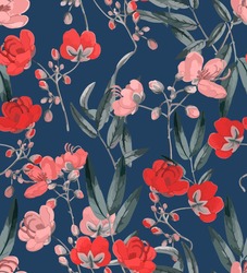 Seamless Botanical Florals And Leaves Illustration Peony Plaid Background Bright Trend Colors Allover Print Cute Brances And Buds Navy Blue Background