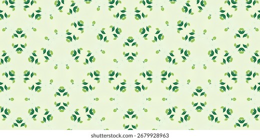Seamless botanical leaf pattern with circular green motifs on a light background. Abstract symmetrical foliage design ideal for eco-friendly packaging, textile prints, wallpaper, wrapping paper, brand