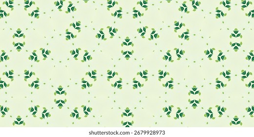 Seamless botanical leaf pattern with circular green motifs on a light background. Abstract symmetrical foliage design ideal for eco-friendly packaging, textile prints, wallpaper, wrapping paper, brand