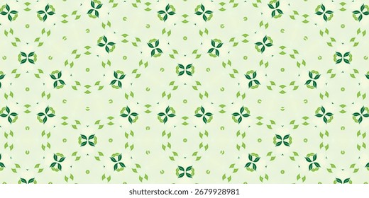 Seamless botanical leaf pattern with circular green motifs on a light background. Abstract symmetrical foliage design ideal for eco-friendly packaging, textile prints, wallpaper, wrapping paper, brand