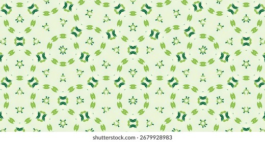 Seamless botanical leaf pattern with circular green motifs on a light background. Abstract symmetrical foliage design ideal for eco-friendly packaging, textile prints, wallpaper, wrapping paper, brand - Powered by Shutterstock - Get 15% off with code: PIKWIZARD15