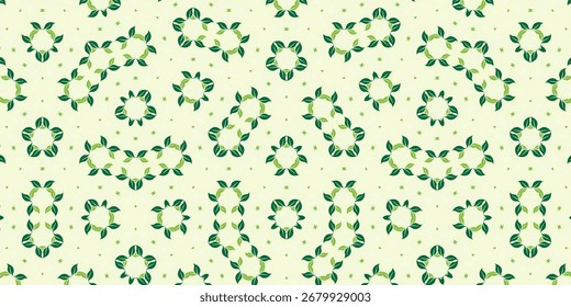 Seamless botanical leaf pattern with circular green motifs on a light background. Abstract symmetrical foliage design ideal for eco-friendly packaging, textile prints, wallpaper, wrapping paper, brand