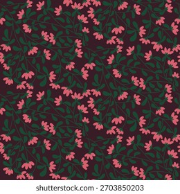 A seamless botanical pattern featuring stylized blossoms intertwined with soft leafy branches. Designed with a clean, modern aesthetic, this floral illustration is perfect for textiles and packaging.