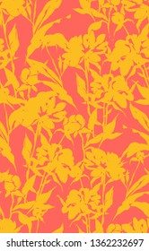 Seamless botanical pattern. Hand drawn opulent blossom peonies with foliage. Plain flat drawing. Living coral floral background in vintage style. 