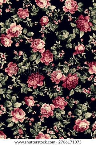 A seamless botanical rose pattern with soft pink blooms contrasted against a deep black background. The delicate vintage aesthetic makes it suitable for textiles, wallpapers, and decorative design use