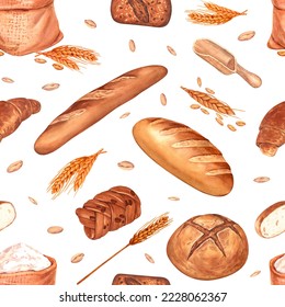 Seamless bread pattern. Watercolor bakery background with wheat spica, baguette, bun illustration for textile, wallpapers, bakery decor. Isolated on white background cafe, restaurant menu element. - Powered by Shutterstock - Get 15% off with code: PIKWIZARD15