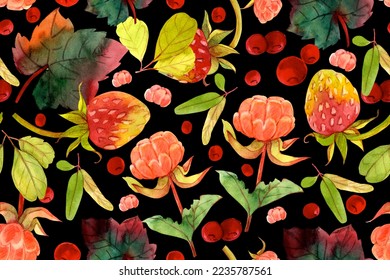 Seamless bright, berry pattern. Strawberries, raspberries, and berries,  leaves on a dark background. Watercolor illustration. - Powered by Shutterstock