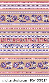 Seamless Bright Ethnic Pattern With Floral Motifs. Multicolor Border Design.