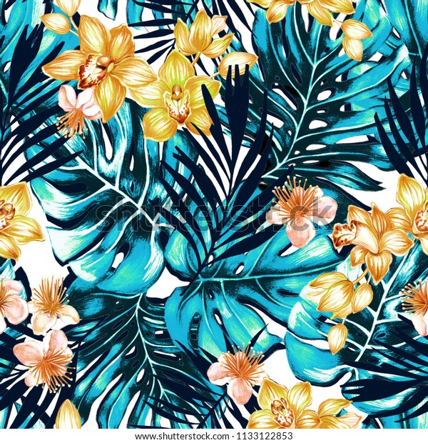 オーキッドの花とモンステラの葉を持つ シームレスで明るい高コントラストの熱帯のパターン 熱帯の花柄の背景にデザイン のイラスト素材