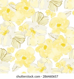 Seamless Bright Yellow Floral Watercolor Pattern Background. 