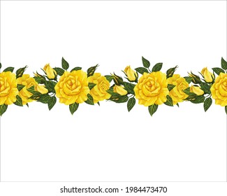 seamless brush, border with yellow rose flowers Handmade digital oil illustration