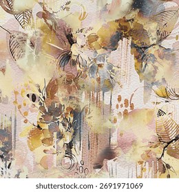 Seamless brush pattern with hand drawn art abstract brush drawing background elements in brown, black and white colors.
