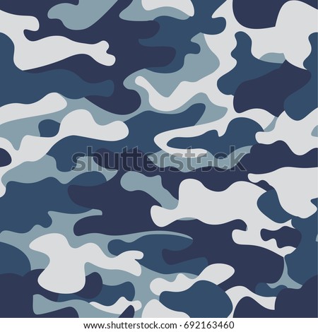 Seamless Camouflage pattern background. Classic clothing style masking camo repeat print. Blue, navy cerulean grey colors forest texture. Design element.  illustration.